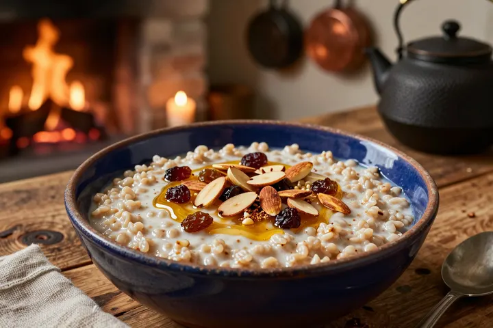 Frumenty: Cracked Wheat Porridge with Honey & Fruit