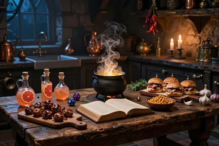 A candlelit wizard's kitchen table with a steaming cauldron, an open recipe book, dice, potion bottles of grapefruit spritz, glazed meatballs and pork sliders