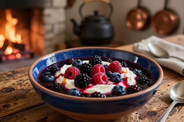 Warm Berry Pottage with Honeyed Yogurt